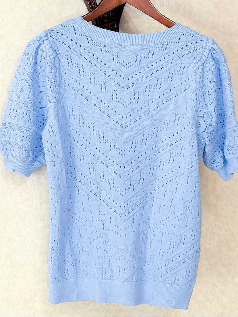 LOFT Baby Blue Pointelle Puff Sleeve 100% Cotton Knit Sweater Top M Preppy EUC